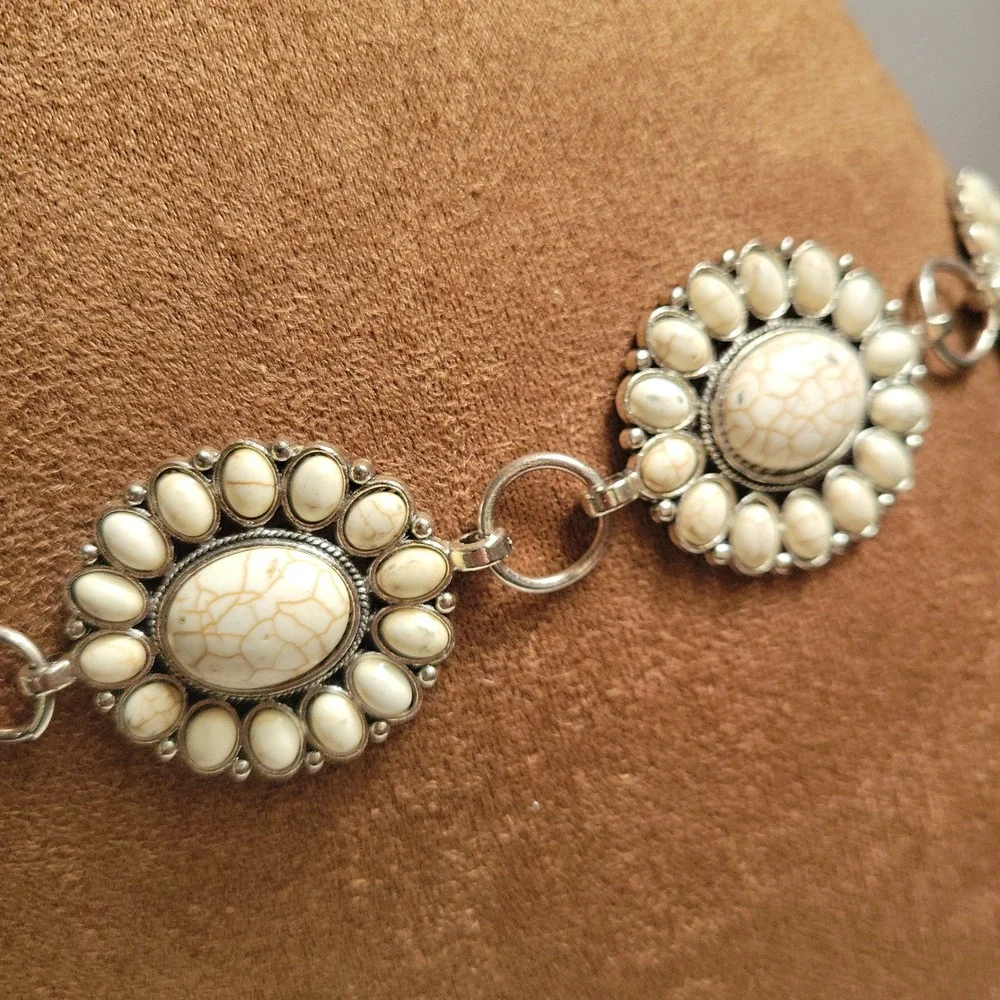 Silver White Faux Turquoise Concho Chain Belt Adjustable Size Western